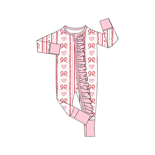 10.13 LR2781 Pre order No Moq Baby Girls Pink Bows Hearst Stripe Valentine Ruffle Zipper Footie Rompers