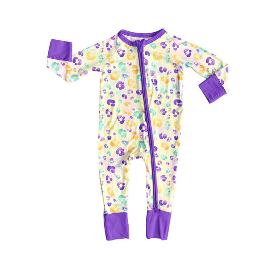 10.13 LR2782 Pre order No Moq Baby Girls Mardigras Leopard Zipper Footie Rompers