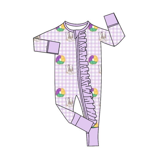 10.13 LR2783 Pre order No Moq Baby Girls Mardigras Boots Donuts Checked Ruffle Zipper Footie Rompers