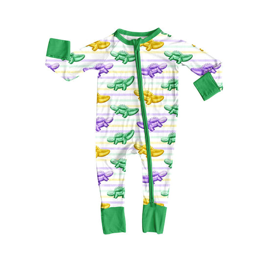 10.13 LR2784 Pre order No Moq Baby Girls Mardigras Stripes Crocodiles Zipper Footie Rompers