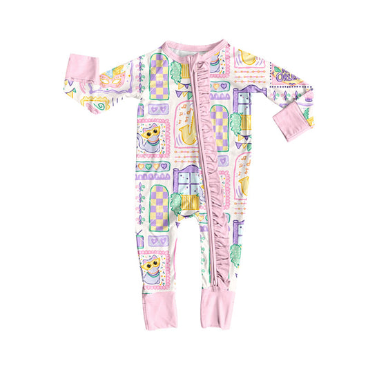 10.13 LR2785 Pre order No Moq Baby Girls Mardigras Anchors Masks Checked Ruffle Zipper Footie Rompers