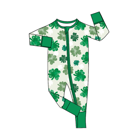 10.13 LR2787 Pre order No Moq Baby Girls Green Clovers St Patrick Zipper Footie Rompers