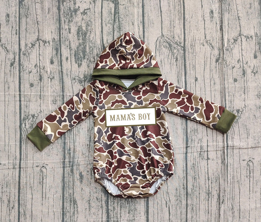 10.21 LR2791 Sample No Moq Embroidery Mama's Boy Baby Boys Brown Camo Hoodie Rompers