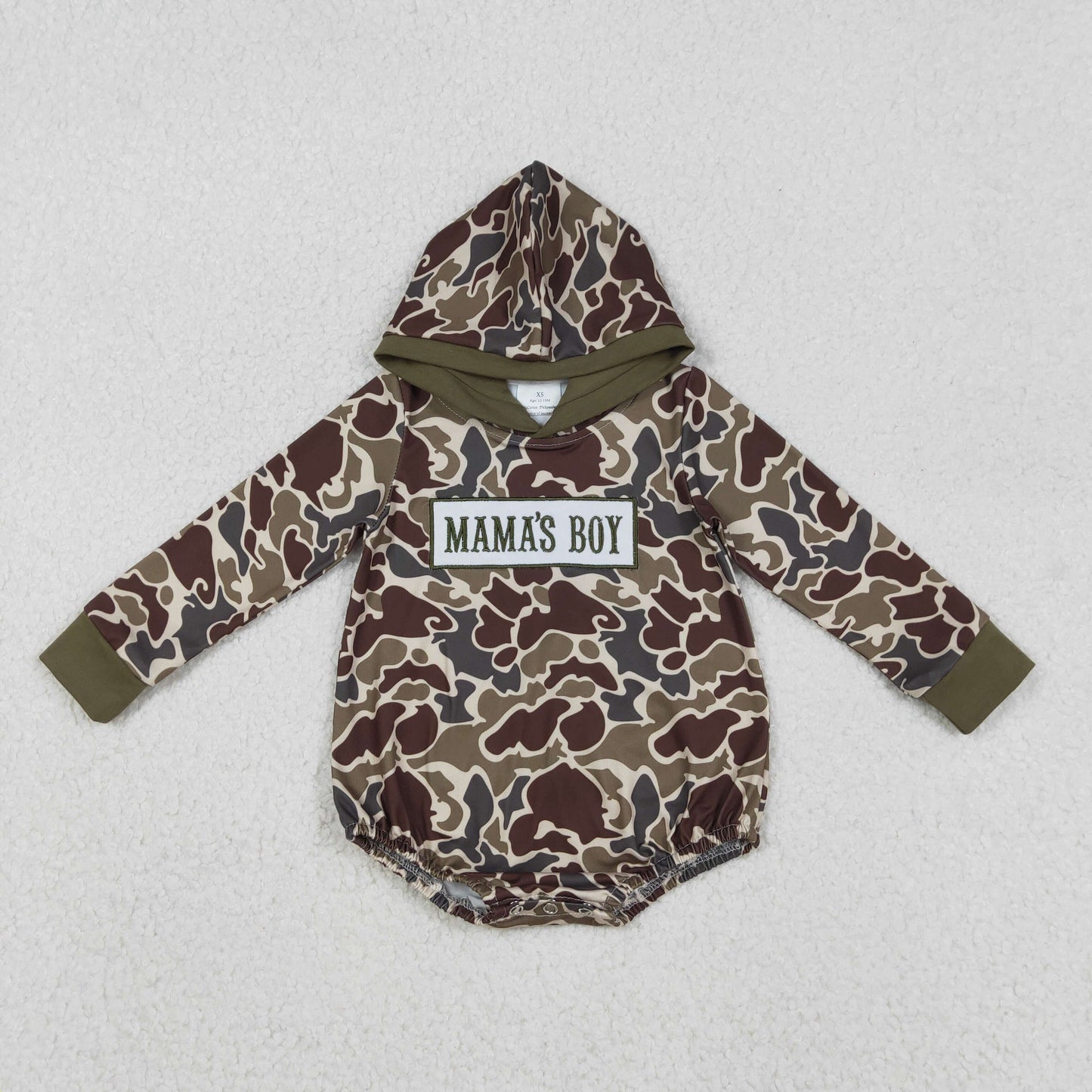 12.5 RTS NO MOQ （In stock）LR2791 Embroidery Mama's Boy Baby Boys Dark Khaki Camo Hoodie Rompers