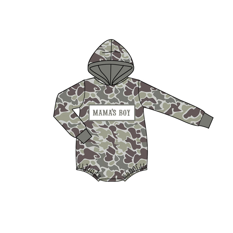 10.15 LR2792 Pre order No Moq Baby Boys Grey Camo Mama's Boy Hoodie Rompers