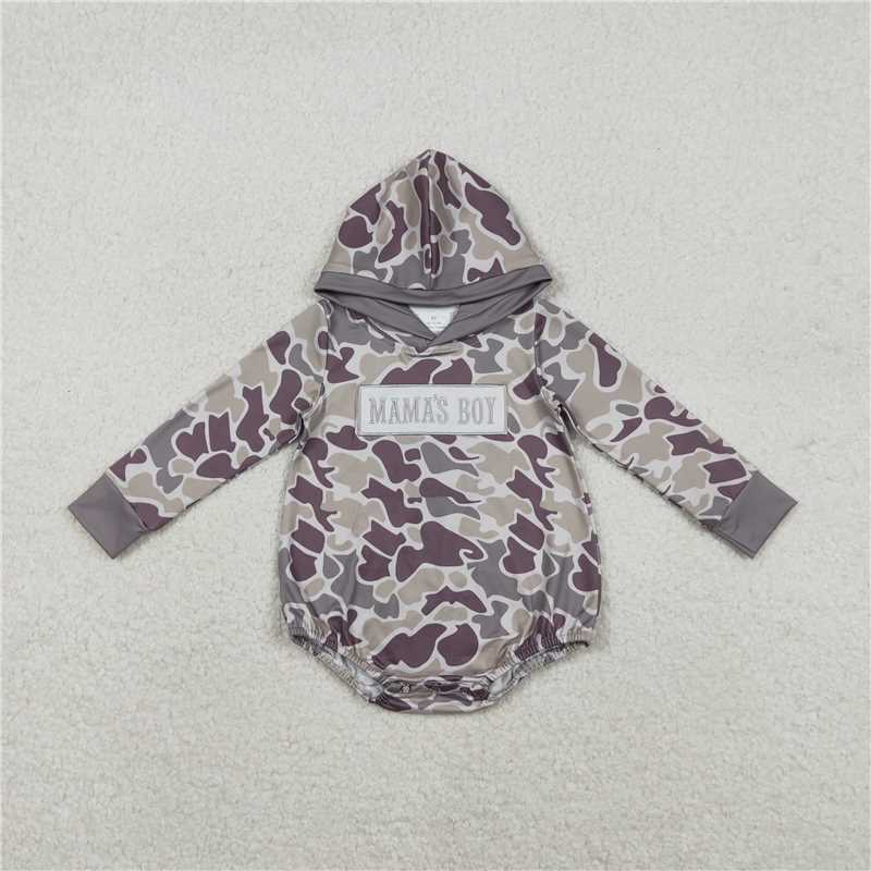 11.26 RTS NO MOQ （In stock）LR2792 Embroidery Mama's Boy Baby Boys Grey Camo Hoodie Rompers