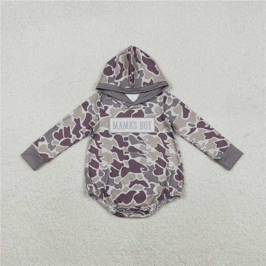 11.26 RTS NO MOQ （In stock）LR2792 Embroidery Mama's Boy Baby Boys Grey Camo Hoodie Rompers