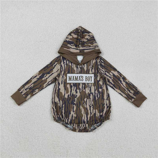 11.26 RTS NO MOQ （In stock）LR2793 Embroidery Mama's Boy Baby Boys Olive Camo Hoodie Rompers
