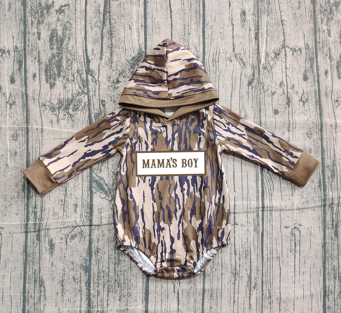 10.21 LR2793 Sample No Moq Embroidery Mama's Boy Baby Boys Olive Camo Hoodie Rompers