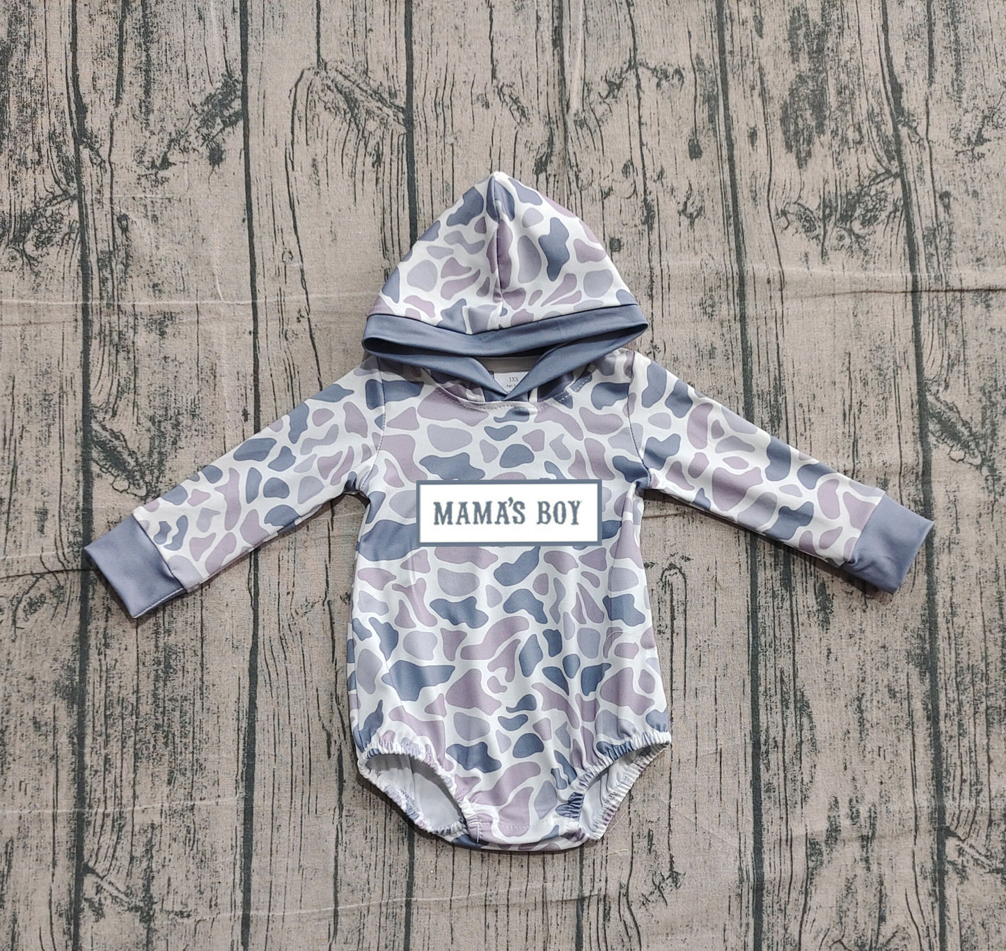 10.21 LR2794 Sample No Moq Embroidery Mama's Boy Baby Boys Grey Camo Hoodie Rompers