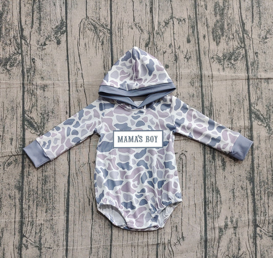 10.21 LR2794 Sample No Moq Embroidery Mama's Boy Baby Boys Grey Camo Hoodie Rompers