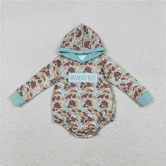 11.26 RTS NO MOQ （In stock）LR2795 Embroidery Mama's Boy Baby Boys Green Camo Hoodie Rompers