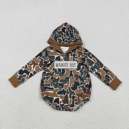 11.18 RTS NO MOQ （In stock）LR2796 Embroidery Mama's Boy Baby Boys Dark Brown Camo Hoodie Rompers