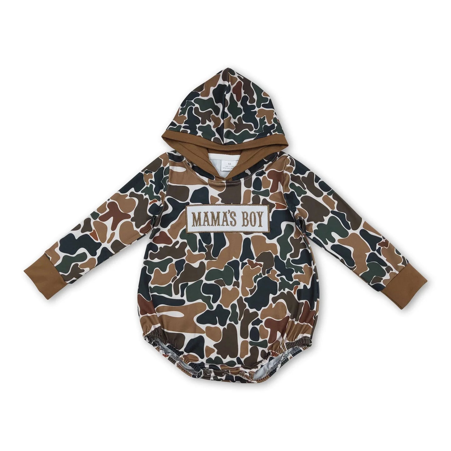 12.9 RST Sibling Baby Boys Embroidery Mama's Boy Brown Camo Pockets Pants Clothes Sets Hoodie Romper