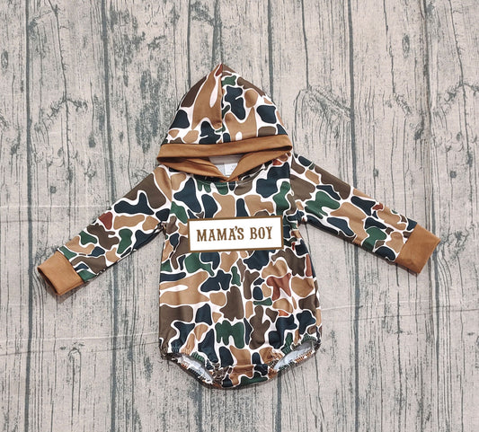 10.21 LR2796 Sample No Moq Embroidery Mama's Boy Baby Boys Dark Brown Camo Hoodie Rompers