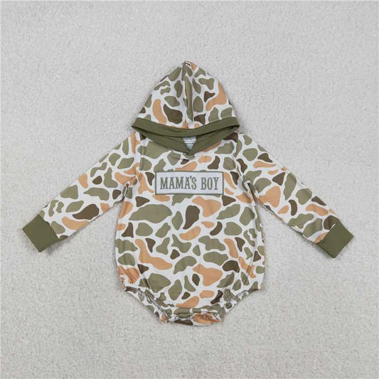 11.29 RTS NO MOQ （In stock）LR2798 Embroidery Mama's Boy Baby Boys Orange Camo Hoodie Rompers