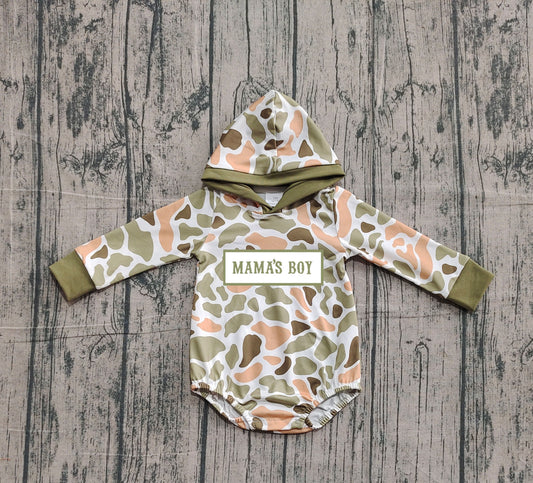10.21 LR2798 Sample No Moq Embroidery Mama's Boy Baby Boys Green Orange Camo Hoodie Rompers