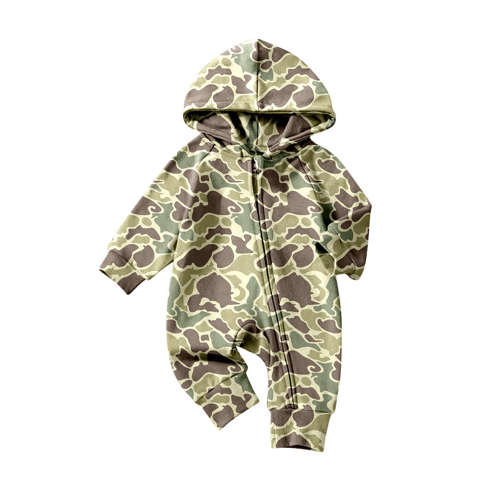 10.22 LR2812 Pre order No Moq Baby Boys Green Camo Hoodie Zipper Footie Rompers
