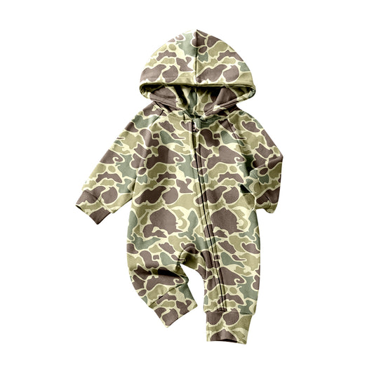 10.22 LR2812 Pre order No Moq Baby Boys Green Camo Hoodie Zipper Footie Rompers