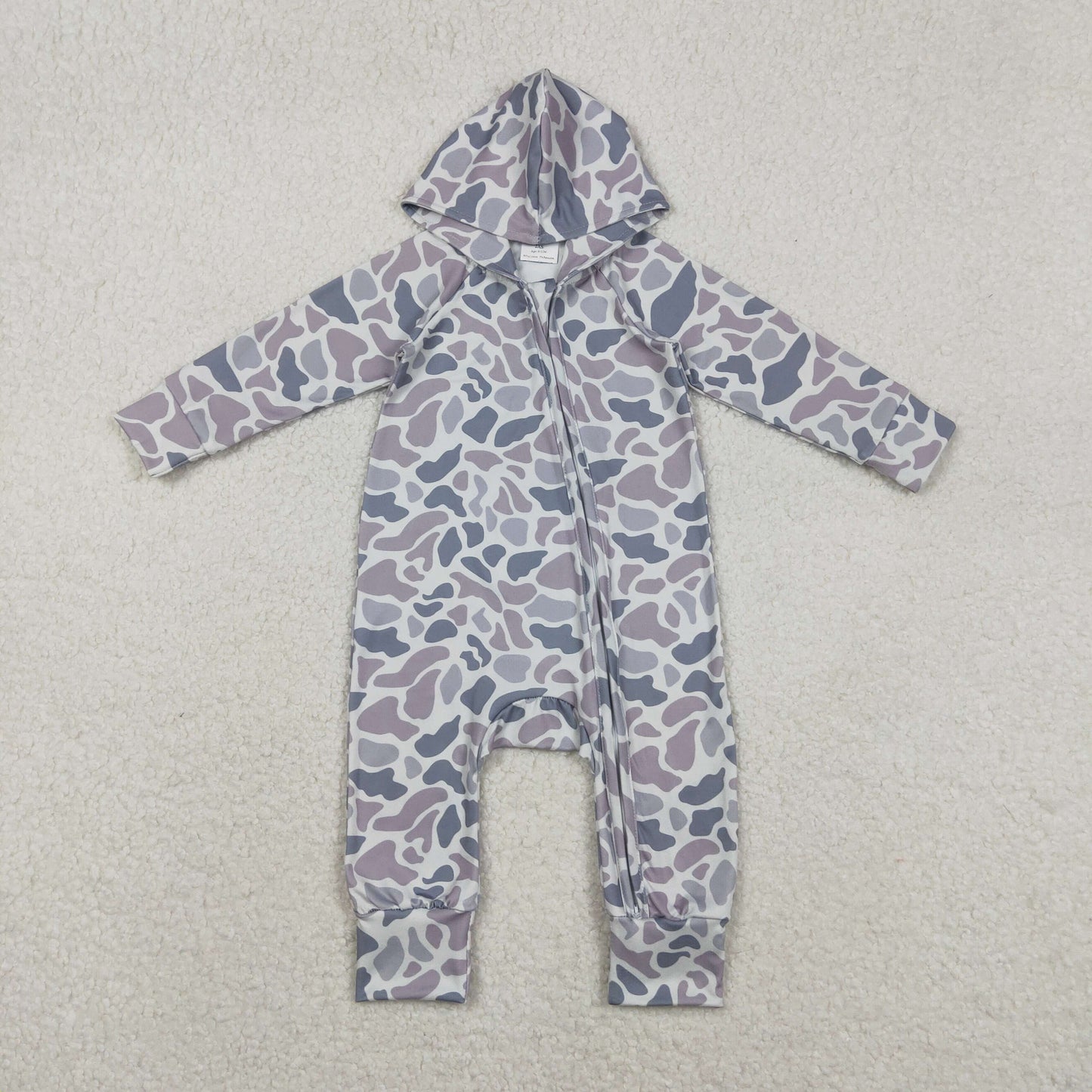 11.22 RTS NO MOQ （In stock）LR2813 Baby Boys Grey Camo Hoodie Two Way Zip Convertible Rompers