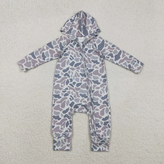 11.22 RTS NO MOQ （In stock）LR2813 Baby Boys Grey Camo Hoodie Two Way Zip Convertible Rompers