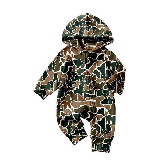 10.22 LR2815 Pre order No Moq Baby Boys Dark Brown Camo Hoodie Zipper Footie Rompers