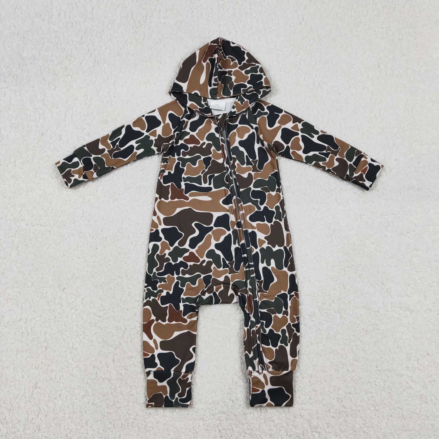 12.9 RTS NO MOQ （In stock）LR2815 Baby Boys Southern Dark Brown Camo Hoodie Two Way Zip Convertible Rompers