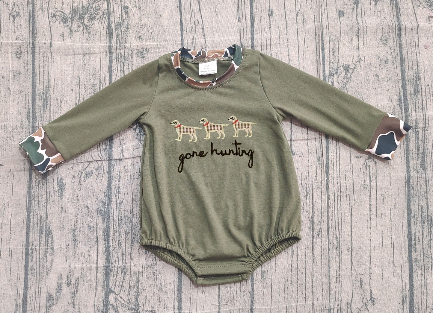 11.11 LR2836 Sample No Moq Baby Boys Olive Long Sleeve Gone Hunting Dogs Rompers