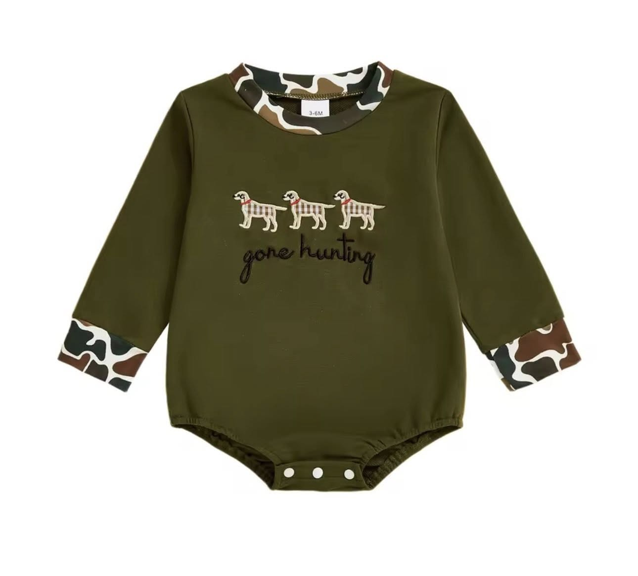 10.23 (Pre Order) No moq LR2836 PRE-ORDER Baby Boys Olive Long Sleeve Gone Hunting Dogs Rompers
