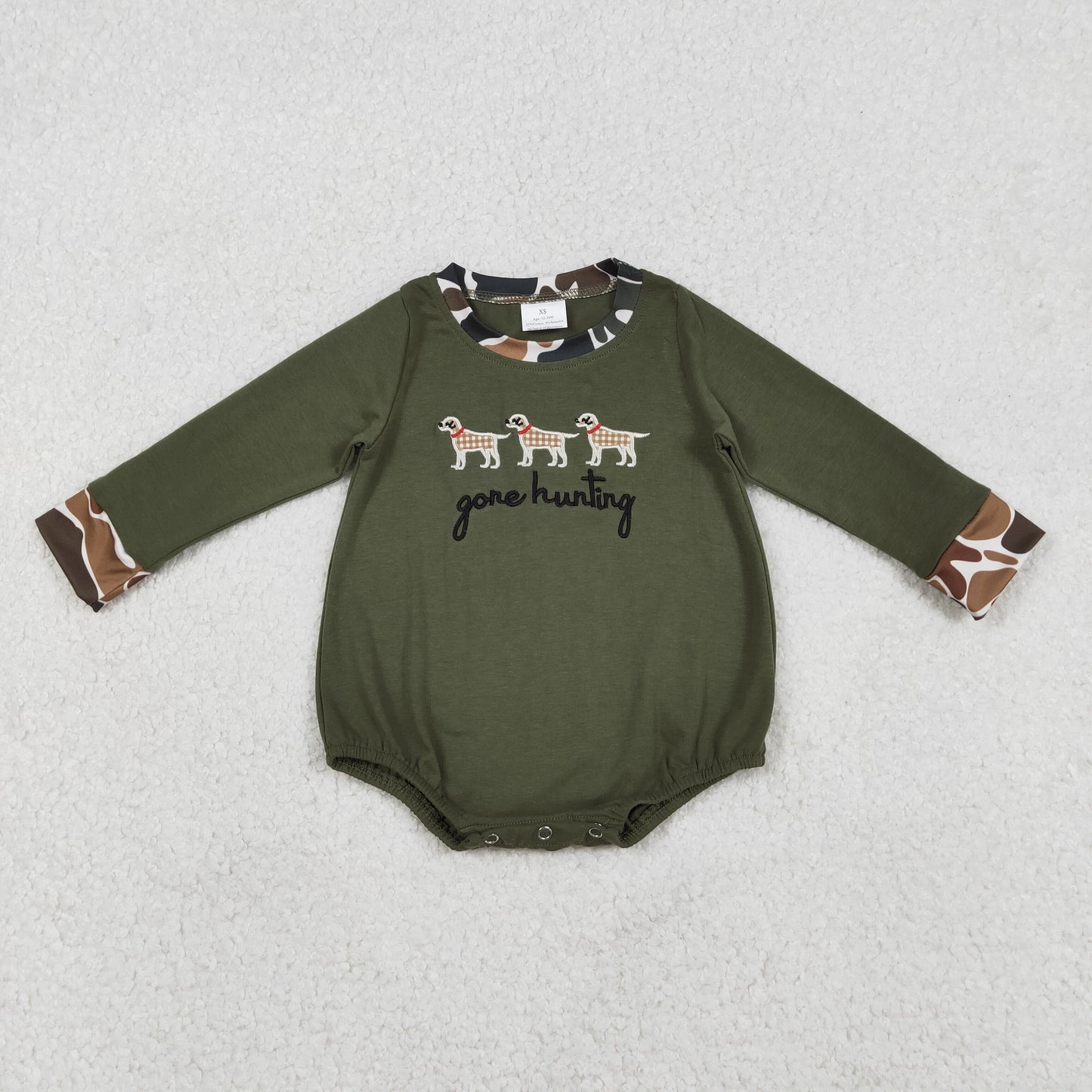 12.16 RTS NO MOQ （In stock）LR2836 Baby Girls Winter Rompers Embroidery Gone Hunting Dogs Baby Boys Olive Rompers