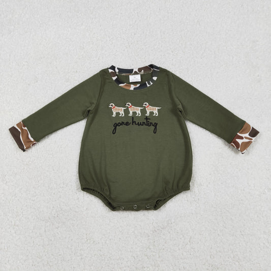 12.16 RTS NO MOQ （In stock）LR2836 Baby Girls Winter Rompers Embroidery Gone Hunting Dogs Baby Boys Olive Rompers