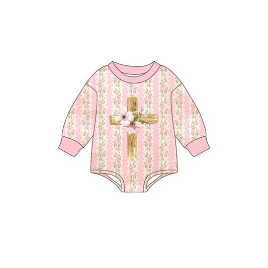 10.23 (Pre Order) No moq LR2837 PRE-ORDER Baby Girls Pink Flowers Stripe Cross Easter Rompers