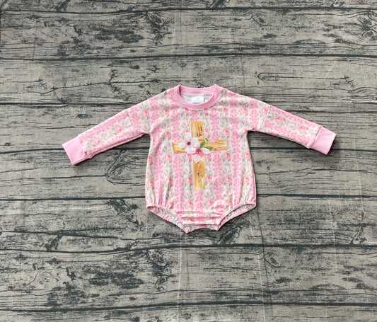 11.10 LR2837 Sample No Moq Baby Girls Pink Flowers Stripe Cross Easter Rompers
