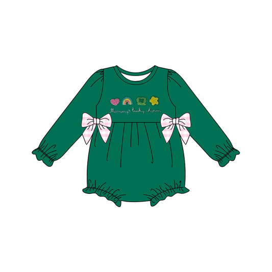 10.28 LR2839 Pre Order No moq Baby Girls Green Clovers Bows St Patrick Ruffle Rompers