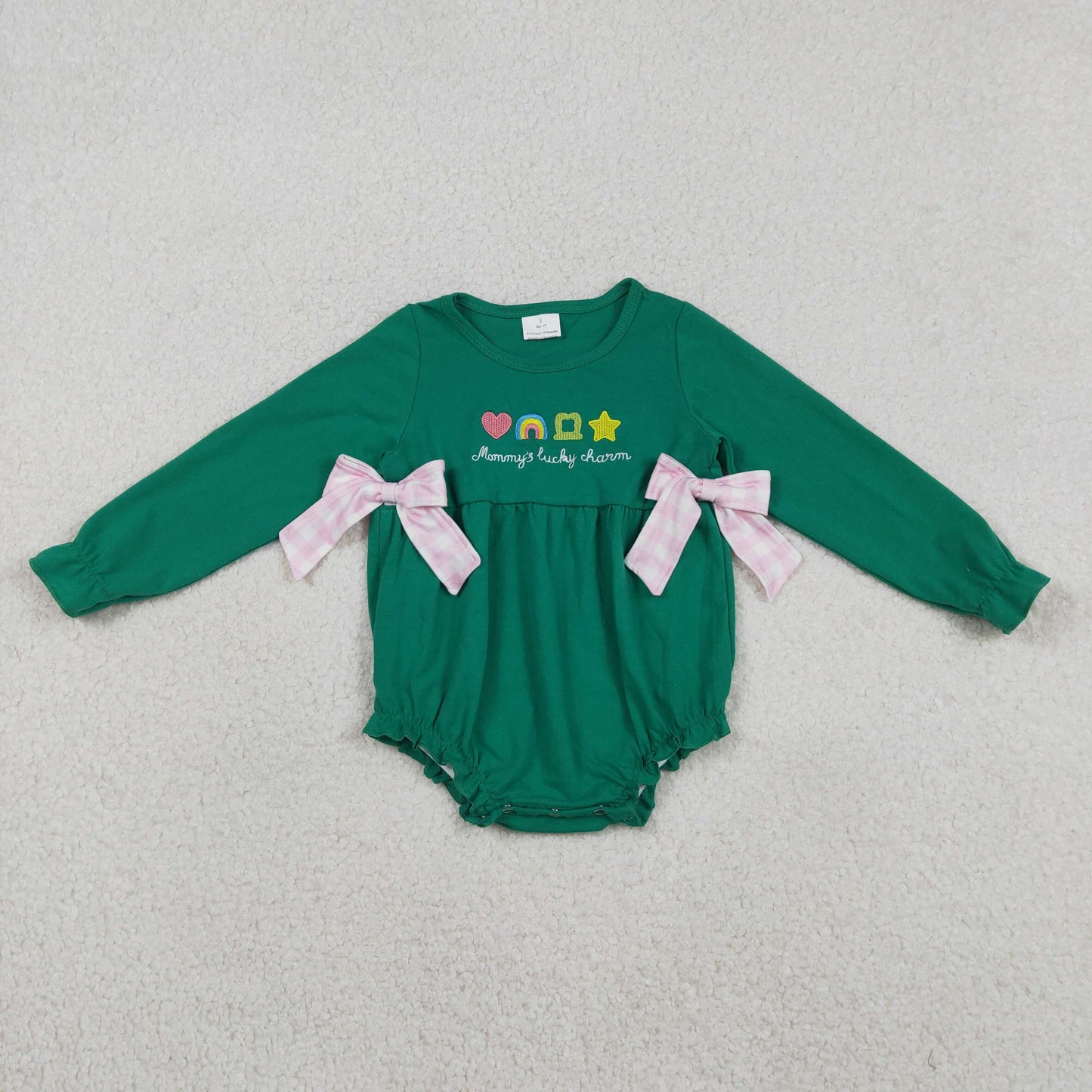 12.17 RTS NO MOQ （In stock）LR2839 Baby Girls Winter Rompers Embroidery Clovers Baby Girls Green Long Sleeve St Patrick Bows Ruffle Rompers