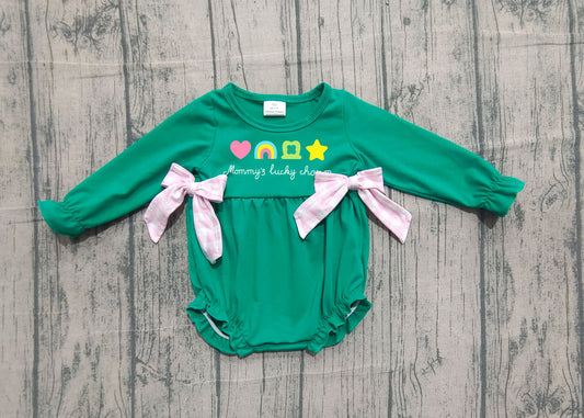 11.13 LR2839 Sample No Moq Embroidery Clovers Bows Baby Girls Green St Patrick Bows Ruffle Rompers