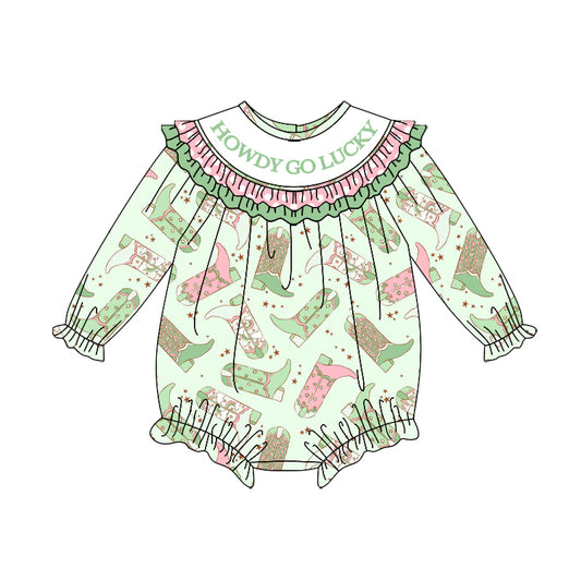 10.28 LR2840 Pre Order No moq Baby Girls Long Sleeve Howdy Go Lucky Boots Western Ruffle Rompers