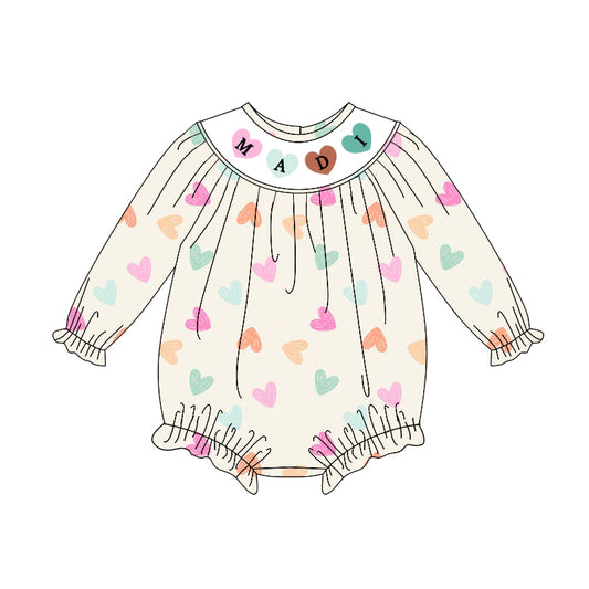 10.28 LR2841 Pre Order No moq Baby Girls Long Sleeve Colorful Hearts Madi Valentine Ruffle Rompers