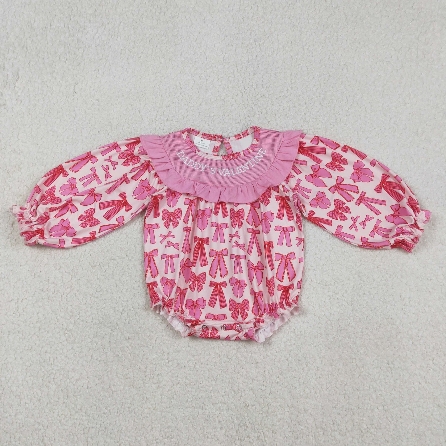 12.29 RTS NO MOQ （In stock）LR2842 Baby Girls Winter Rompers Embroidery Daddy's Valentine Baby Girls Long Sleeve Bows Ruffle Rompers