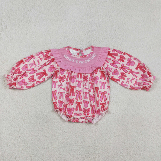 12.29 RTS NO MOQ （In stock）LR2842 Baby Girls Winter Rompers Embroidery Daddy's Valentine Baby Girls Long Sleeve Bows Ruffle Rompers