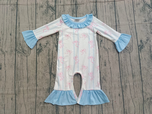 12.5 LR2845 Sample No Moq Baby Girls Pink Bows Stripe Collar Ruffle Foodie Rompers