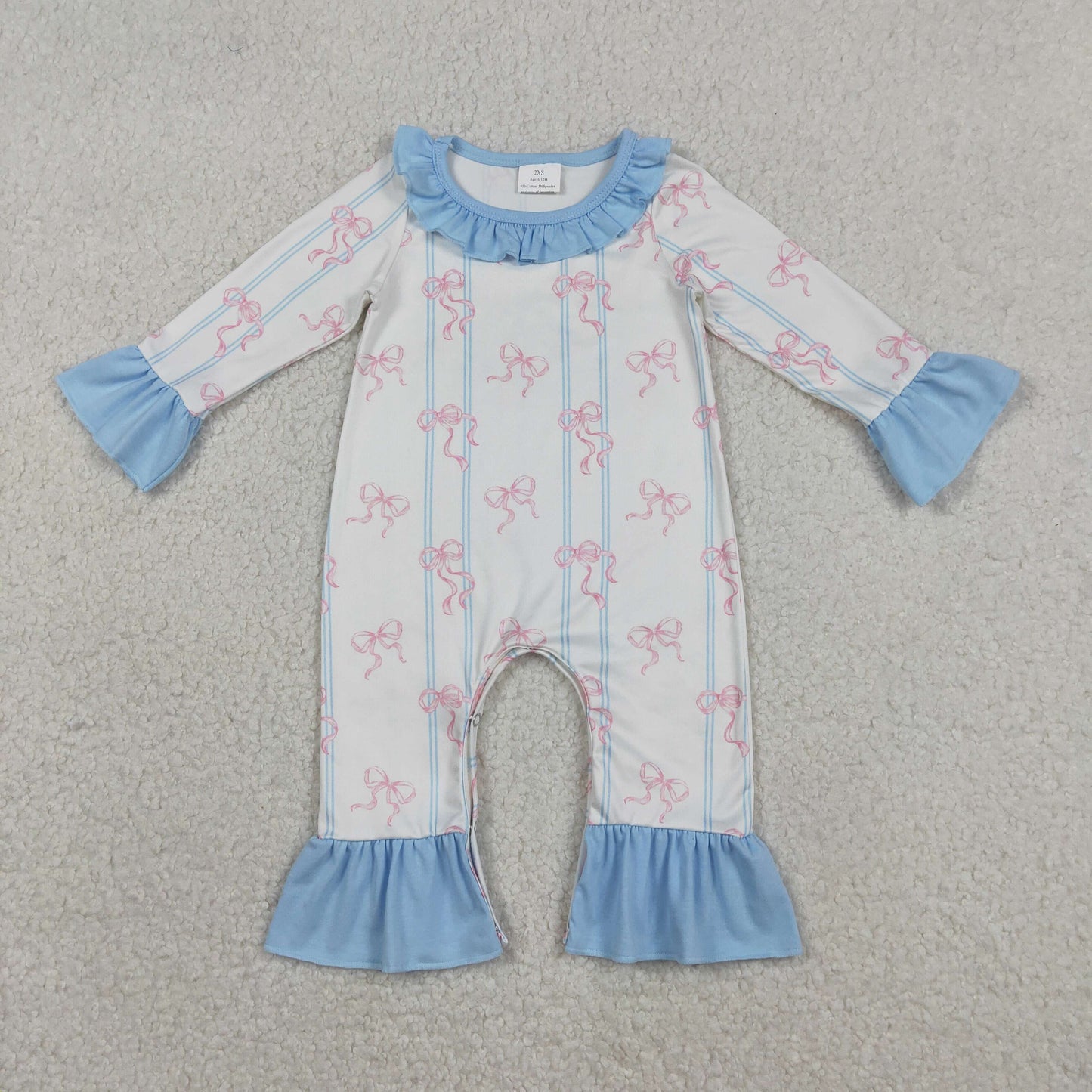 12.29 RTS NO MOQ （In stock）LR2845 Baby Girls Winter Rompers Baby Girls Pink Bows Stripe Collar Ruffle Foodie Rompers