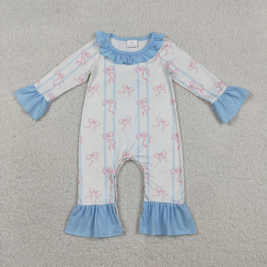 12.29 RTS NO MOQ （In stock）LR2845 Baby Girls Winter Rompers Baby Girls Pink Bows Stripe Collar Ruffle Foodie Rompers