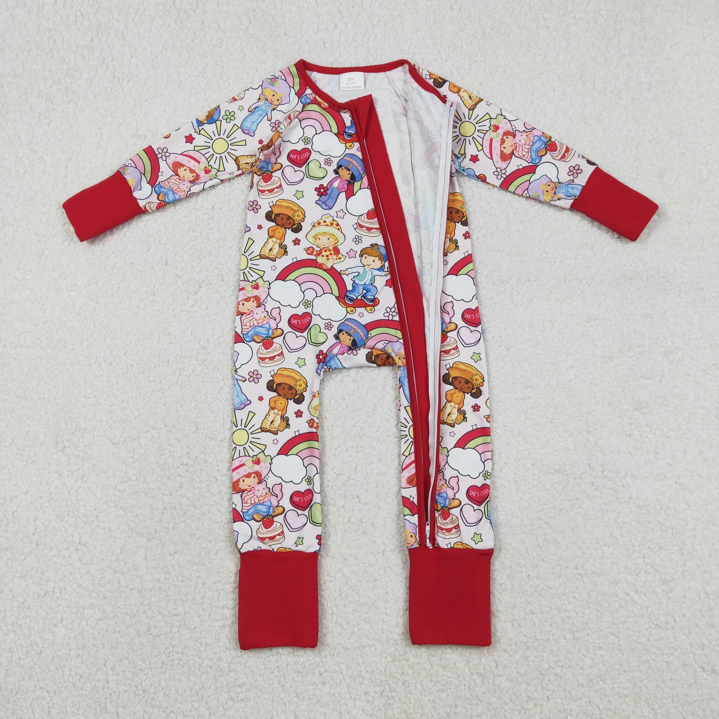 12.4 RTS NO MOQ （In stock）LR2852 Baby Girls Winter Rompers Baby Strawberry Girls Flowers Two Way Zip Convertible Rompers