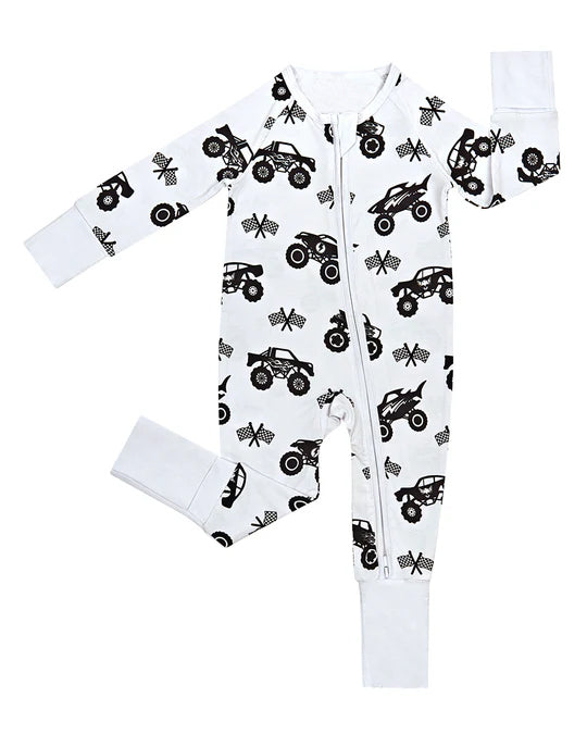 10.31 LR2856 Pre Order No moq Baby Boys Black Motor Cars Flags Zipper Footie Rompers