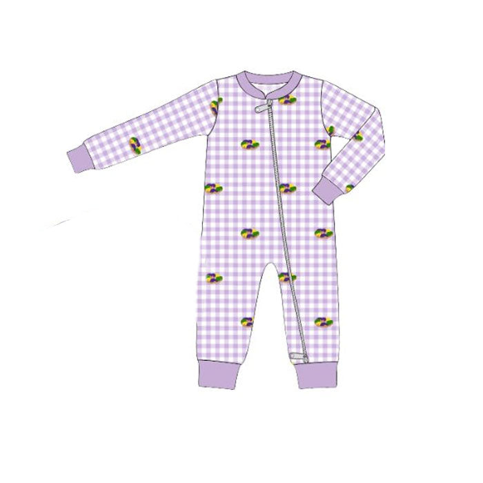 11.1 LR2866 Pre Order No moq Baby Boys Mardigras Donuts Checked Zipper Footie Rompers
