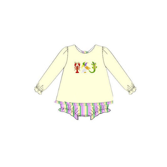 11.1 LR2869 Pre Order No moq Baby Girls Mardigras Crayfish Crocodiles Tunic Bummies Ruffle Rompers