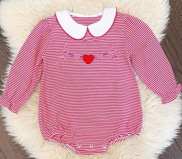 11.3 LR2871 Pre Order No moq Baby Girls Red Stripe Bows Hearts Valentine Collar Ruffle Rompers