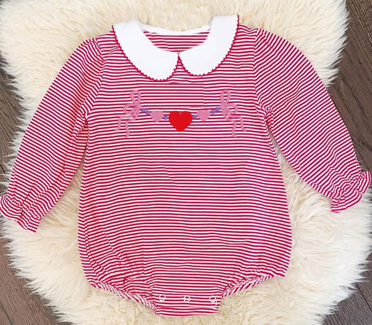 11.3 LR2871 Pre Order No moq Baby Girls Red Stripe Bows Hearts Valentine Collar Ruffle Rompers