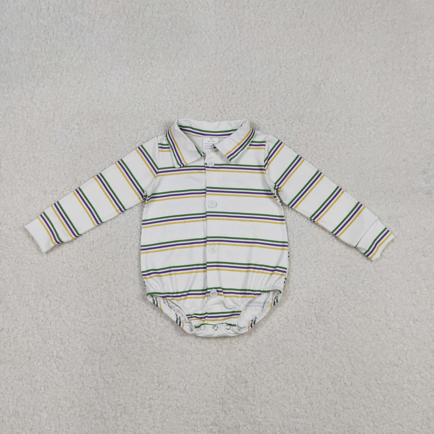 12.8 RTS NO MOQ （In stock）LR2880 Baby Girls Winter Rompers Baby Boys Long Sleeve Mardigras Stripe Button Rompers